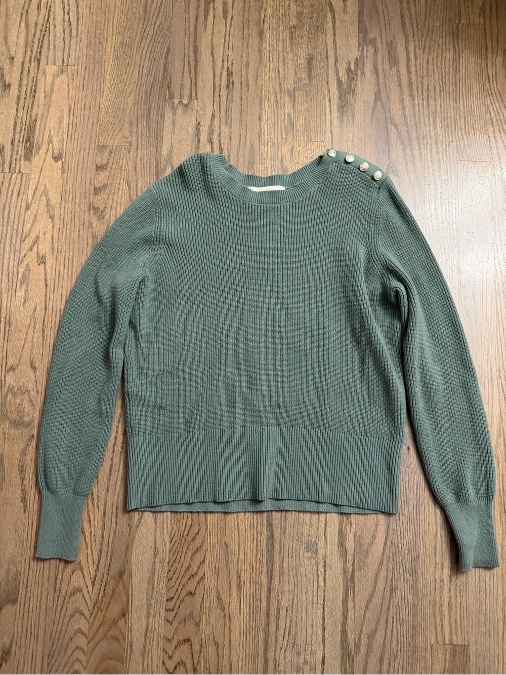 LOFT Olive Green Ribbed Crewneck Sweater with Shoulder Buttons